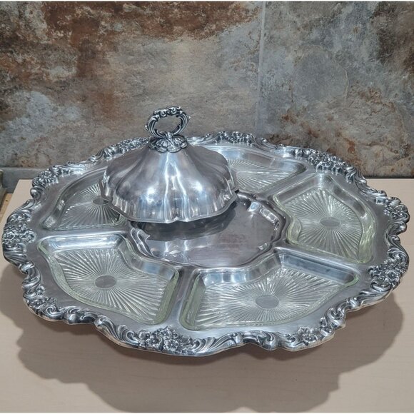 Vintage Silver Plated Lazy Susan Serving Platter 19" Turn Table Vegetable Dip C - Picture 6 of 13